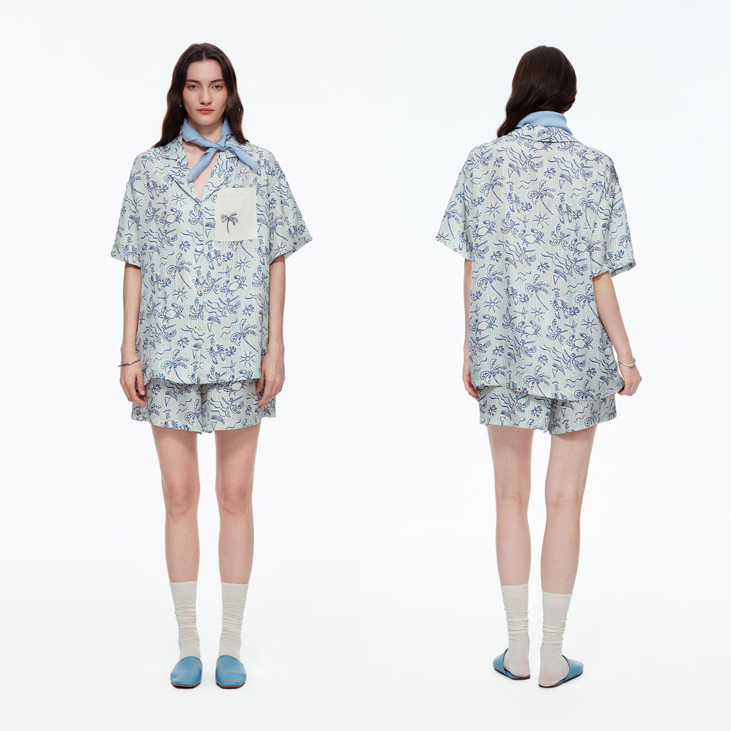 Blue Island Print Short Sleeve Pajama Set | Summer Loungewear You Can Wear Outside