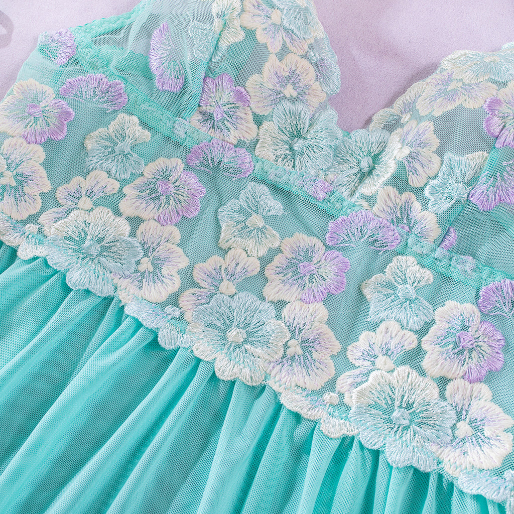 Mint Green Embroidery Mesh Halter Neck Babydoll Four-Piece Set