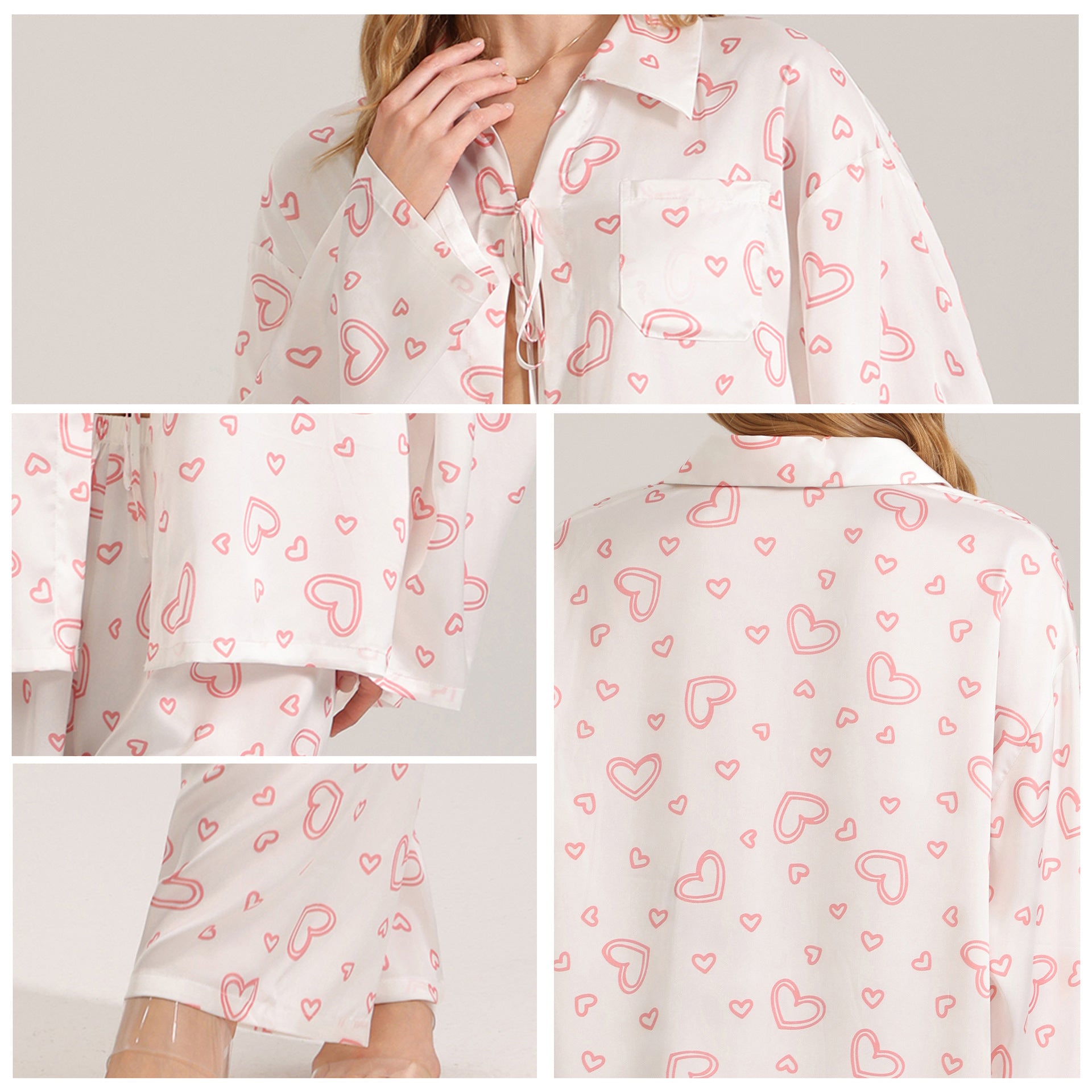 Heart Print Satin 3-Piece Pajama Set – Cami, Long Sleeve & Pants