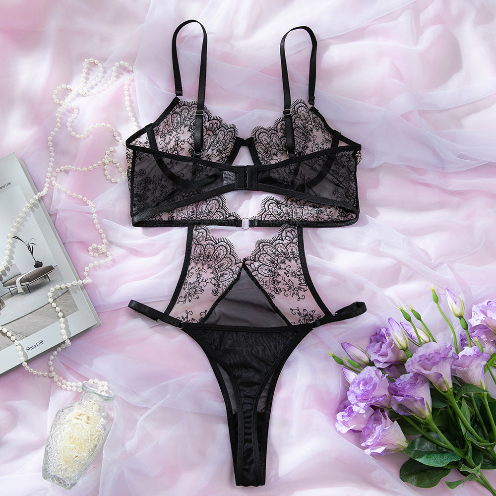 3D Embroidery Sheer Backless Bodysuit | Gathering Splicing Lingerie