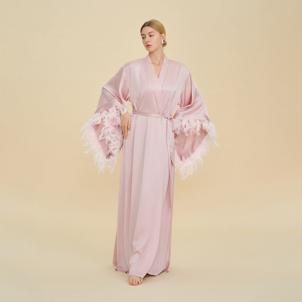French Feather Trim Luxury Robe | Bridal & Bridesmaid Morning Gown