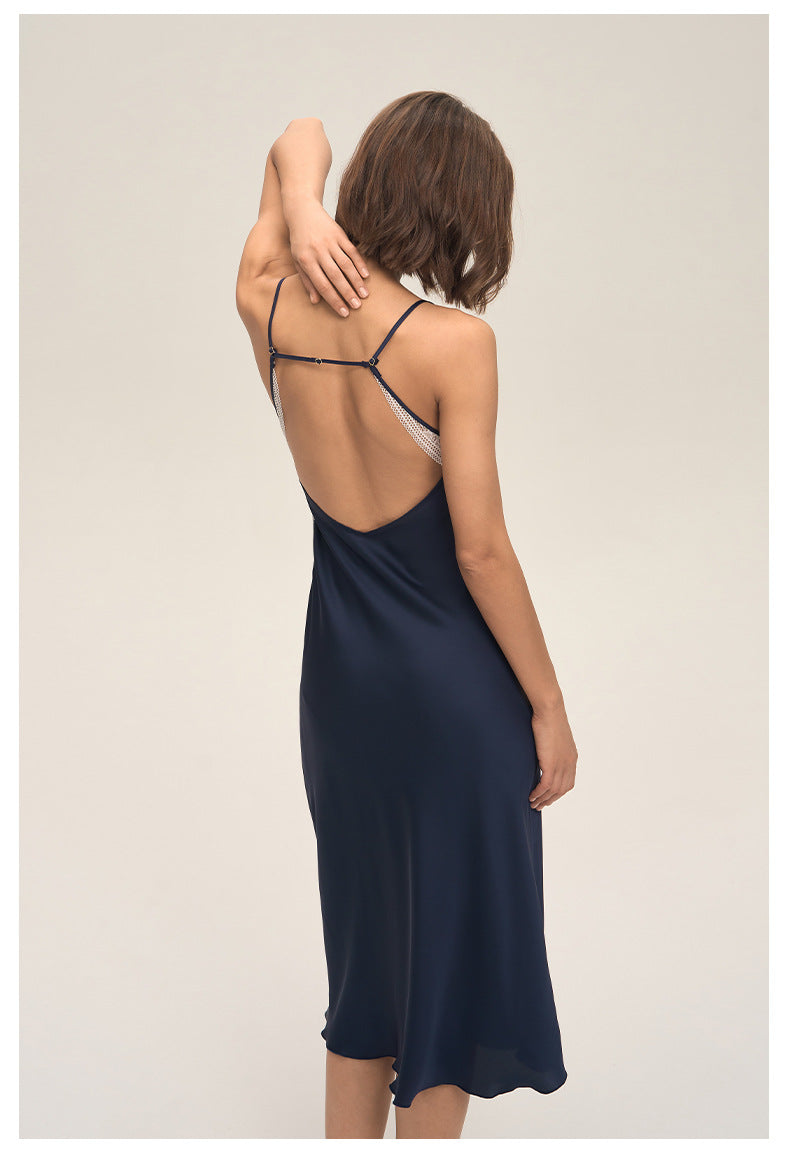 Satin Chiffon Lace Spaghetti Strap Mid-Length Nightdress — Sexy Loungewear