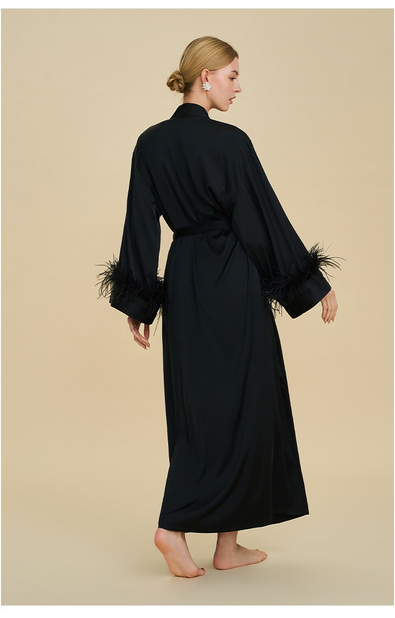 Ostrich Feather Cape Robe | Acetate Satin Luxury Loungewear