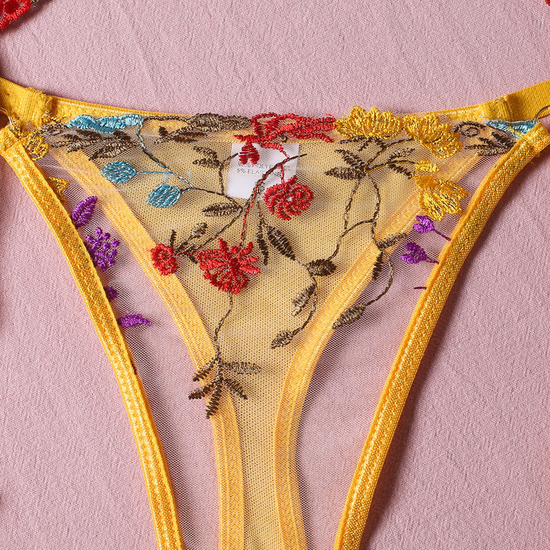 Sexy perspective yellow pastoral floral bra, garter belt thong with leg ring three-piece erotic underwear set