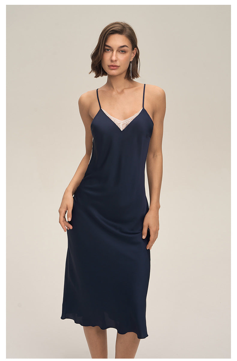 Satin Chiffon Lace Spaghetti Strap Mid-Length Nightdress — Sexy Loungewear
