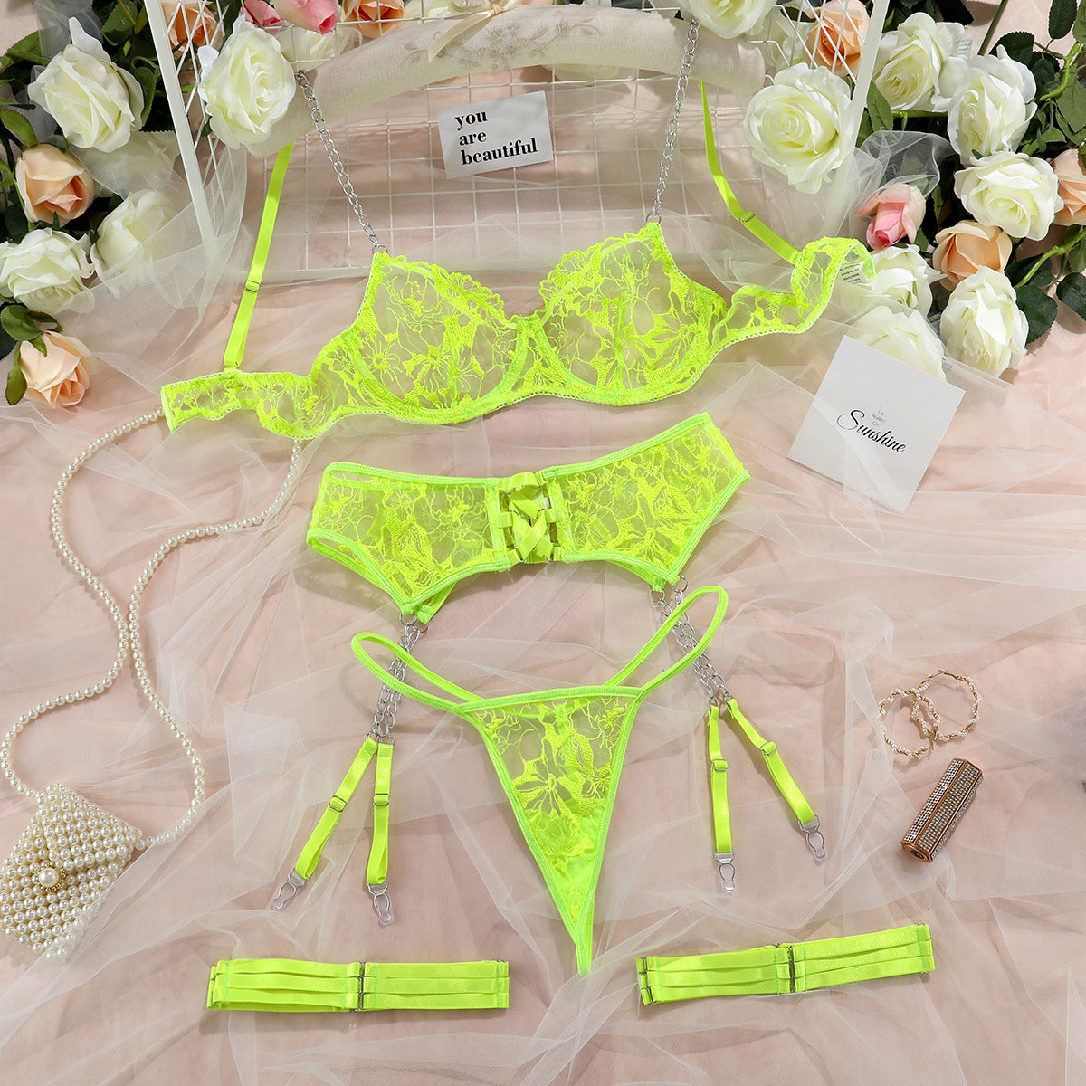 Mesh Embroidery Chain Garter Hollow Cross Lingerie Set