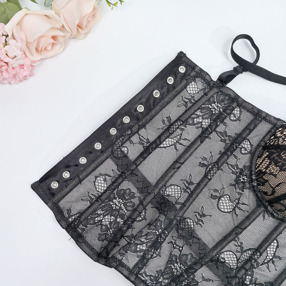 Solid Lace Off-Shoulder Fishbone Corset Bra