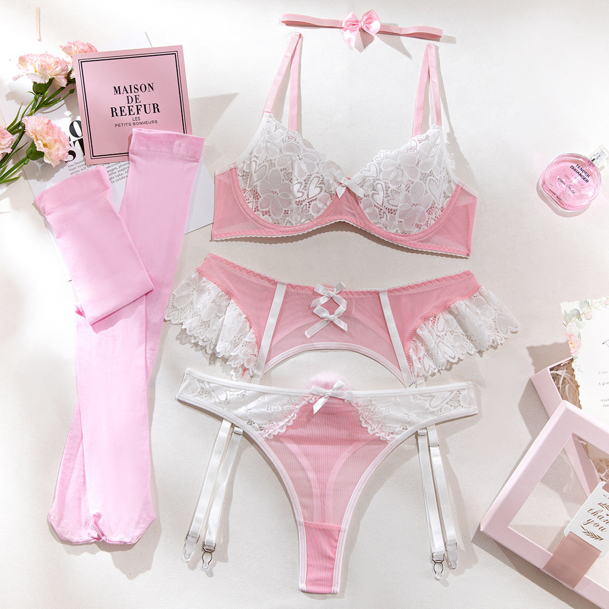 Lace Mesh Splice Nurse Fantasy Five-Piece Sexy Lingerie Set