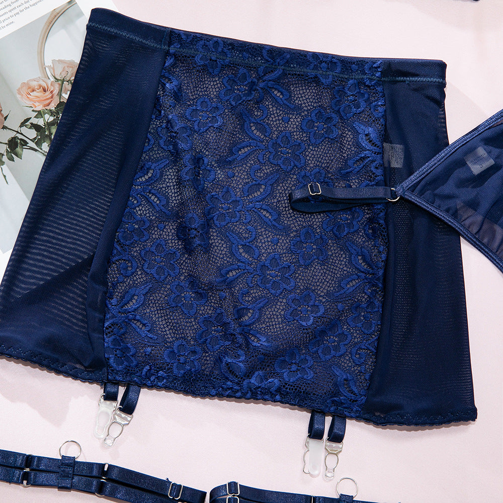 French Vintage Lace Frill Garter Belt High-Waist Sheer Lingerie Set