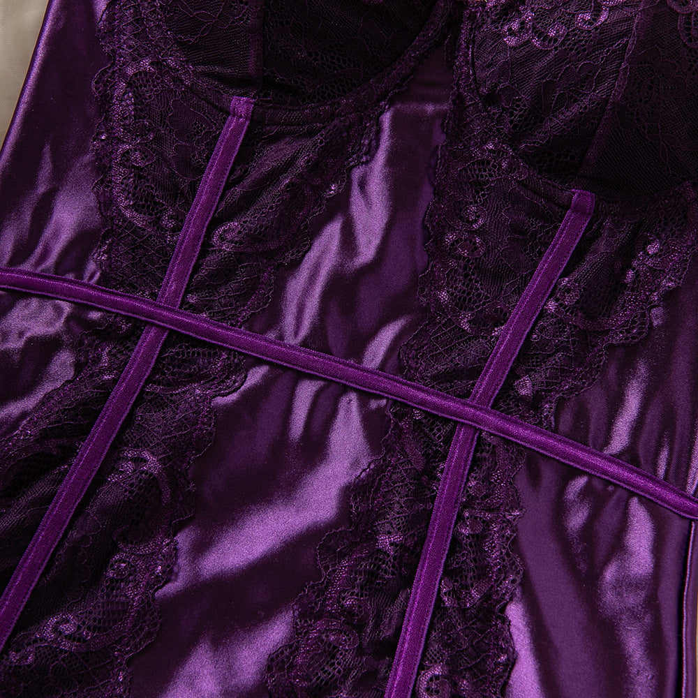 Purple Hollow Lace Splice Halter Neck Lift Babydoll Dress Set