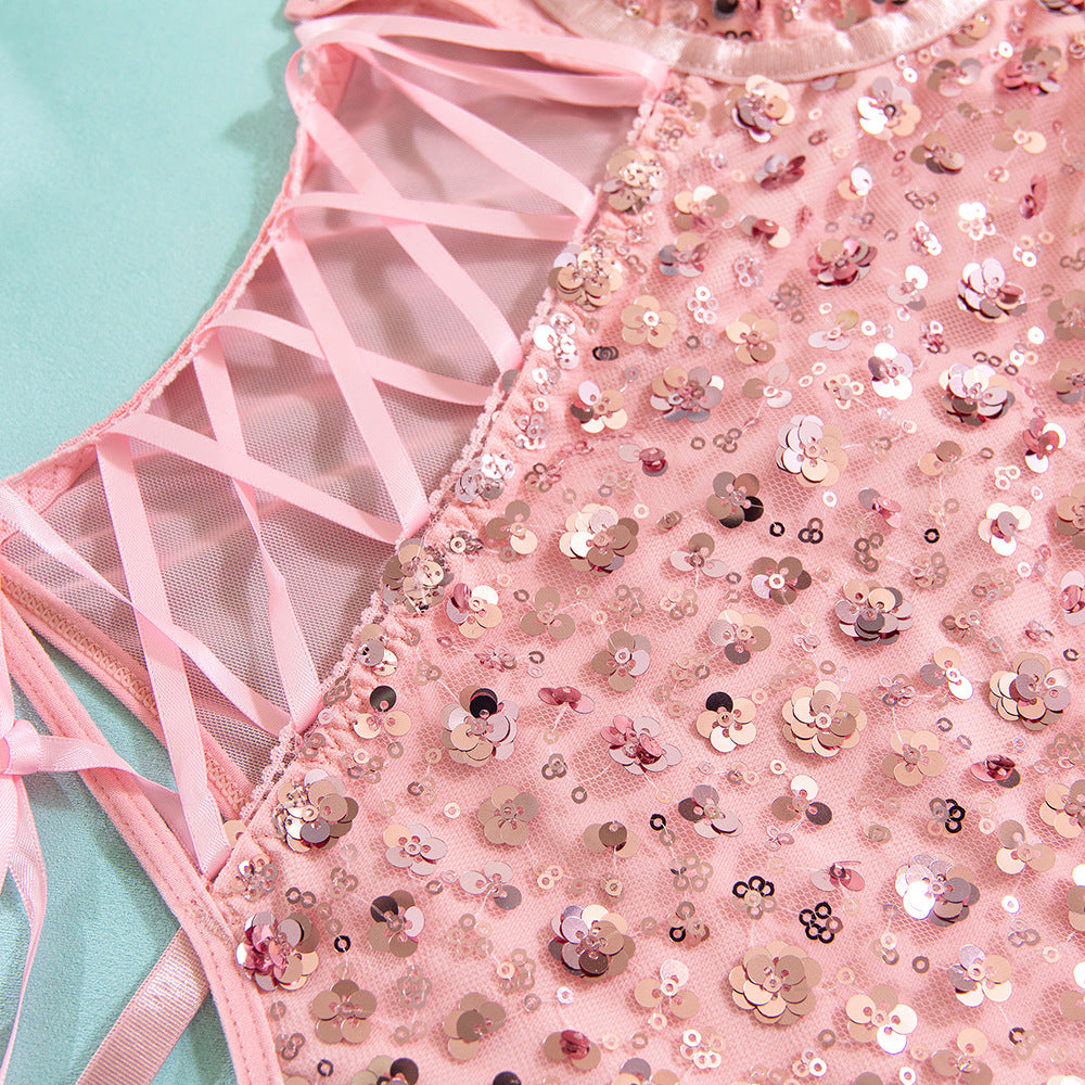 Pink Sequin Butterfly Strap Bodysuit | Sculpting Gather Onesie