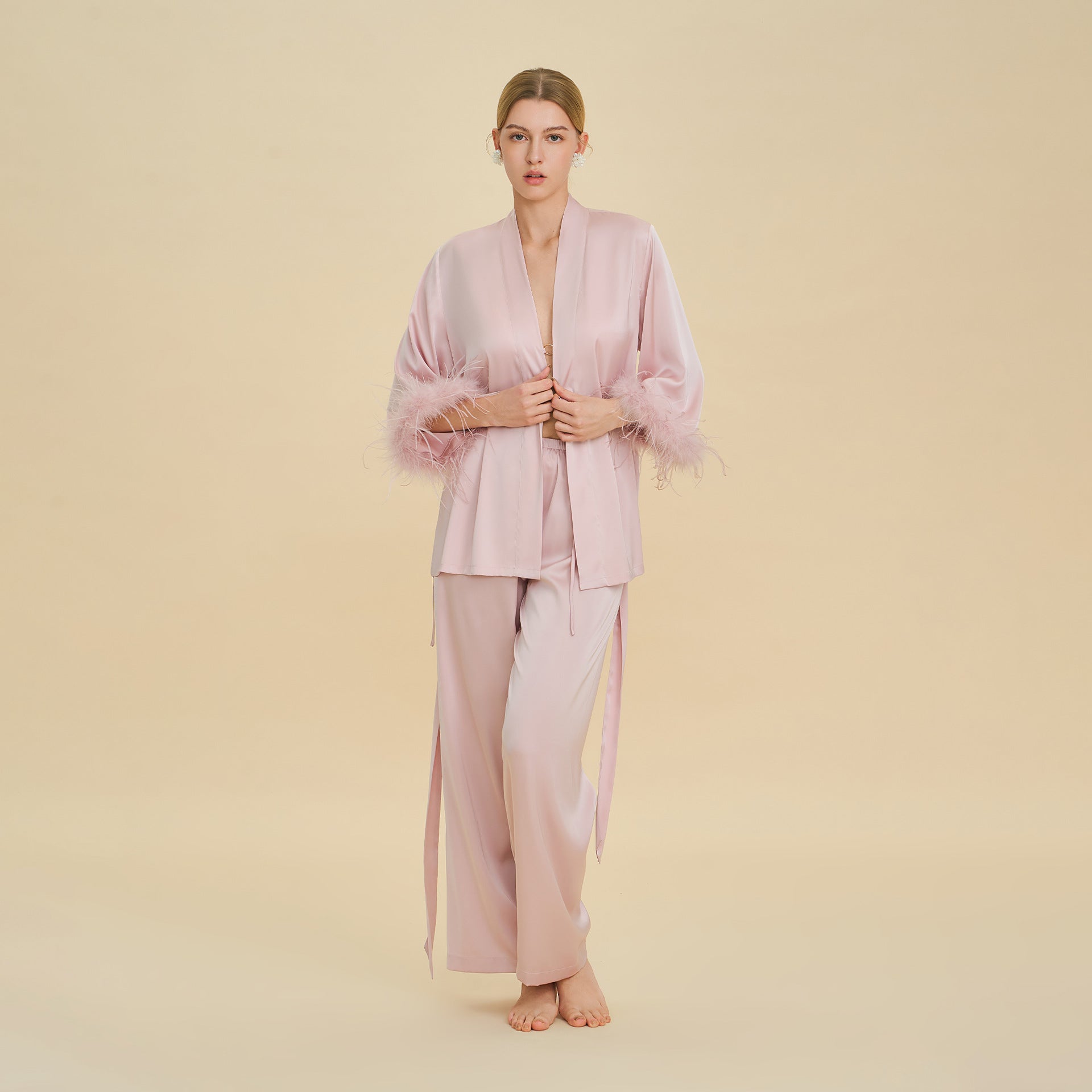 Feather Trim Long Sleeve Pajama Set | Detachable Luxury Loungewear