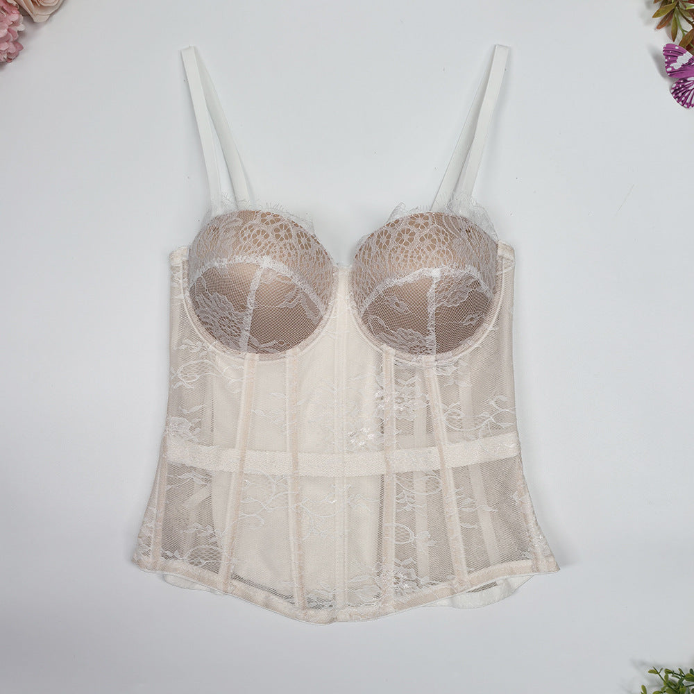 Solid Lace Off-Shoulder Fishbone Corset Bra