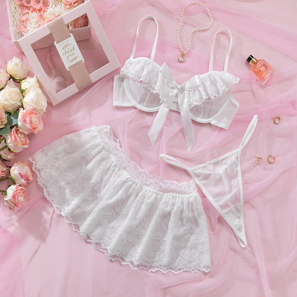 White Lace Three-Piece Lingerie Set | Underwire Bralette & Skirt