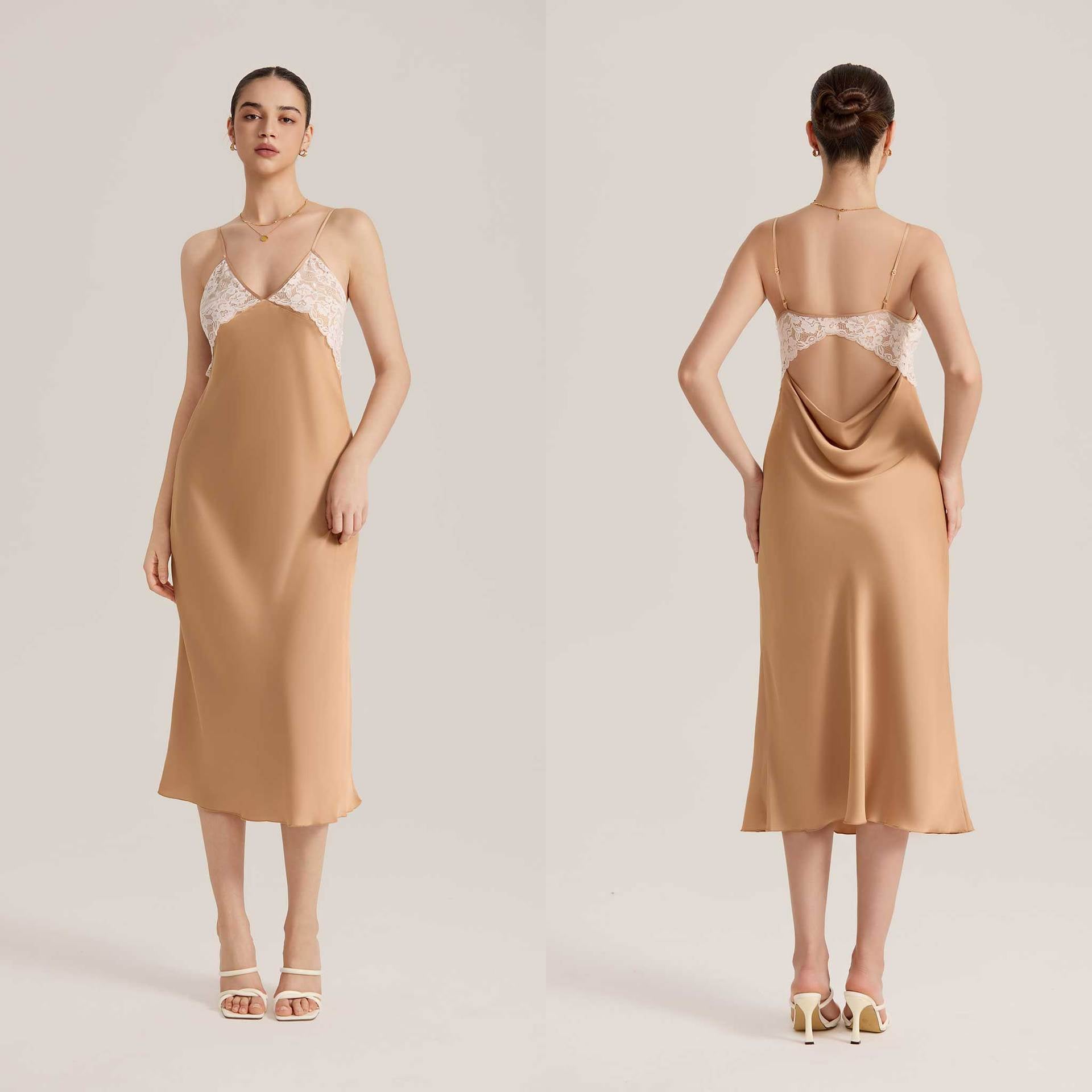 Lace Splice Satin Chiffon Backless Spaghetti Strap Nightdress — Sexy Loungewear