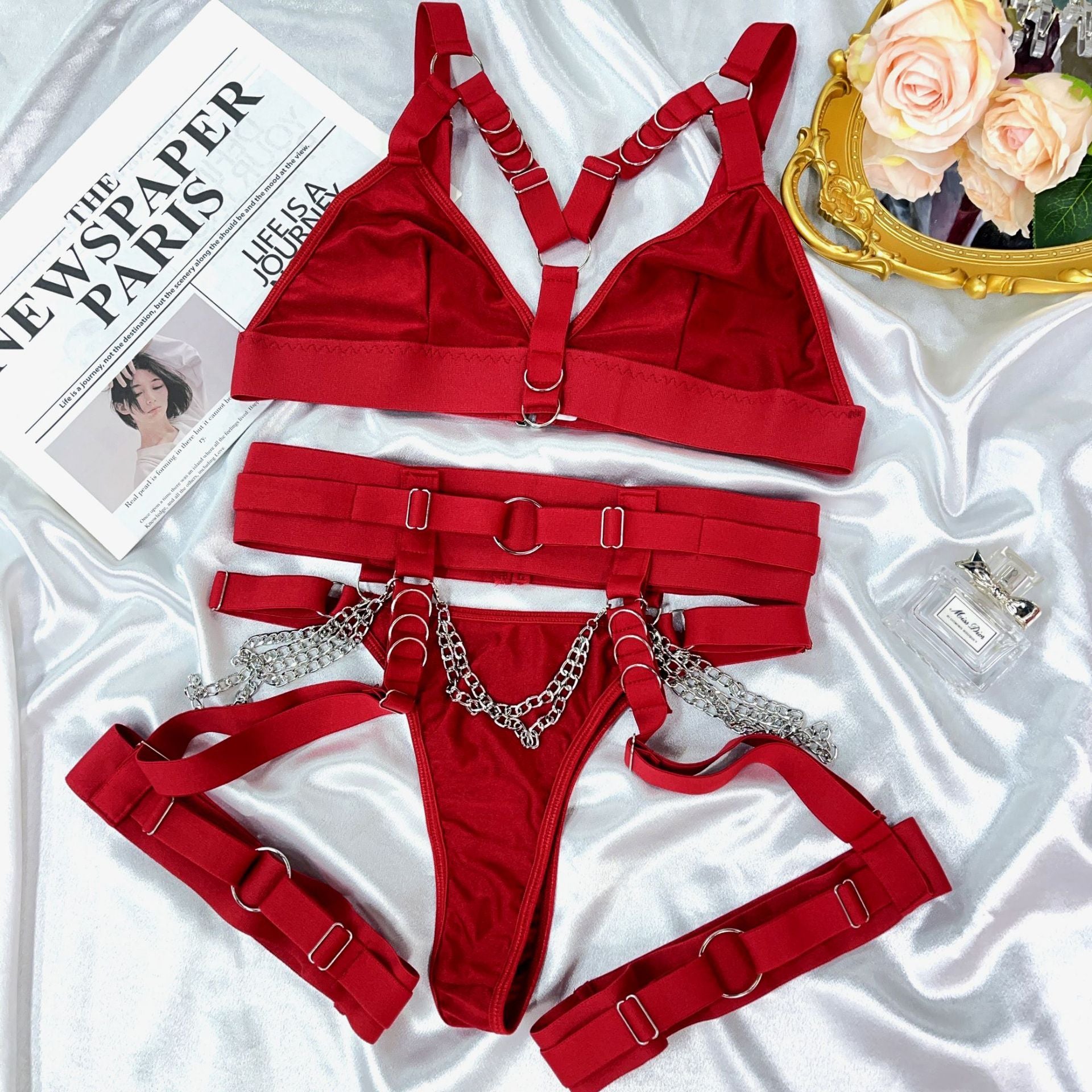 Metal Chain Hollow Bra & Leg Sock Set – Bundled, 4-Piece