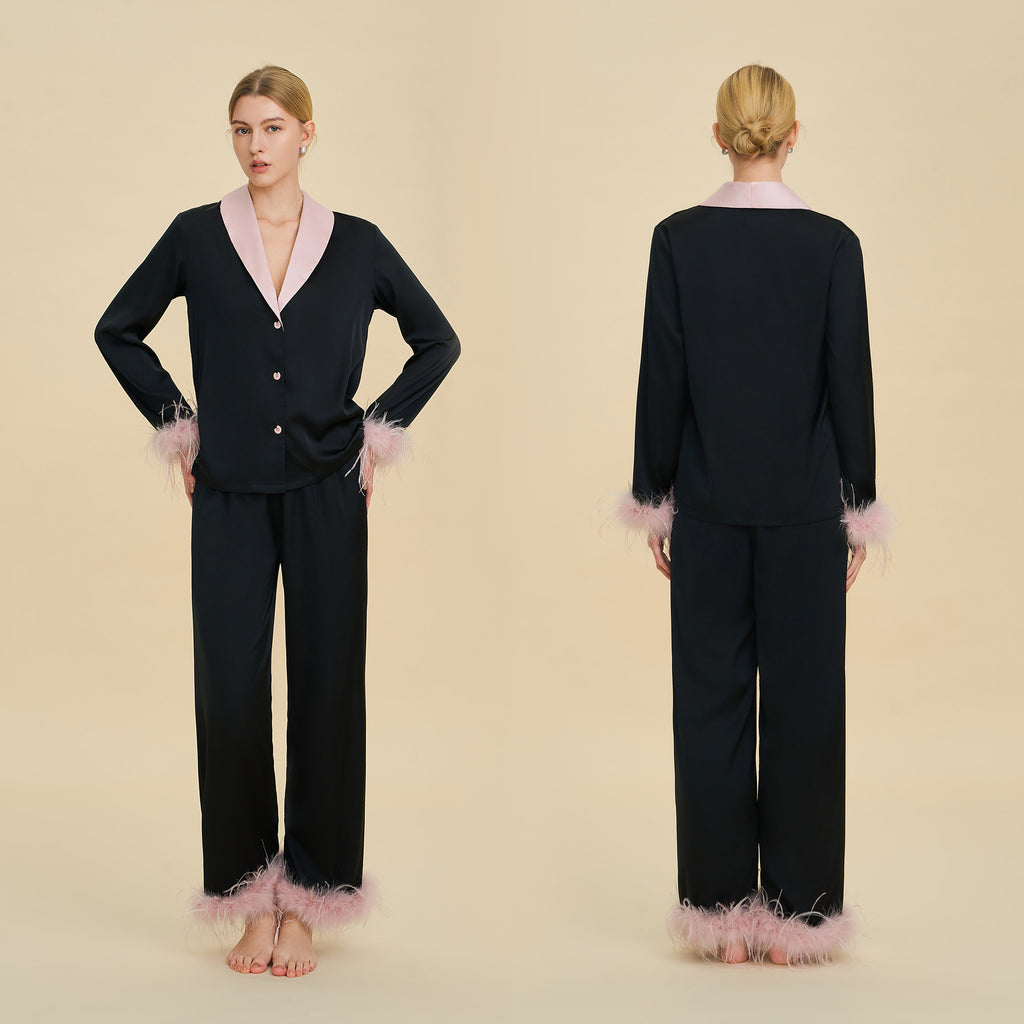 Feather Trim Luxury Pajama Set | Premium Gift Loungewear