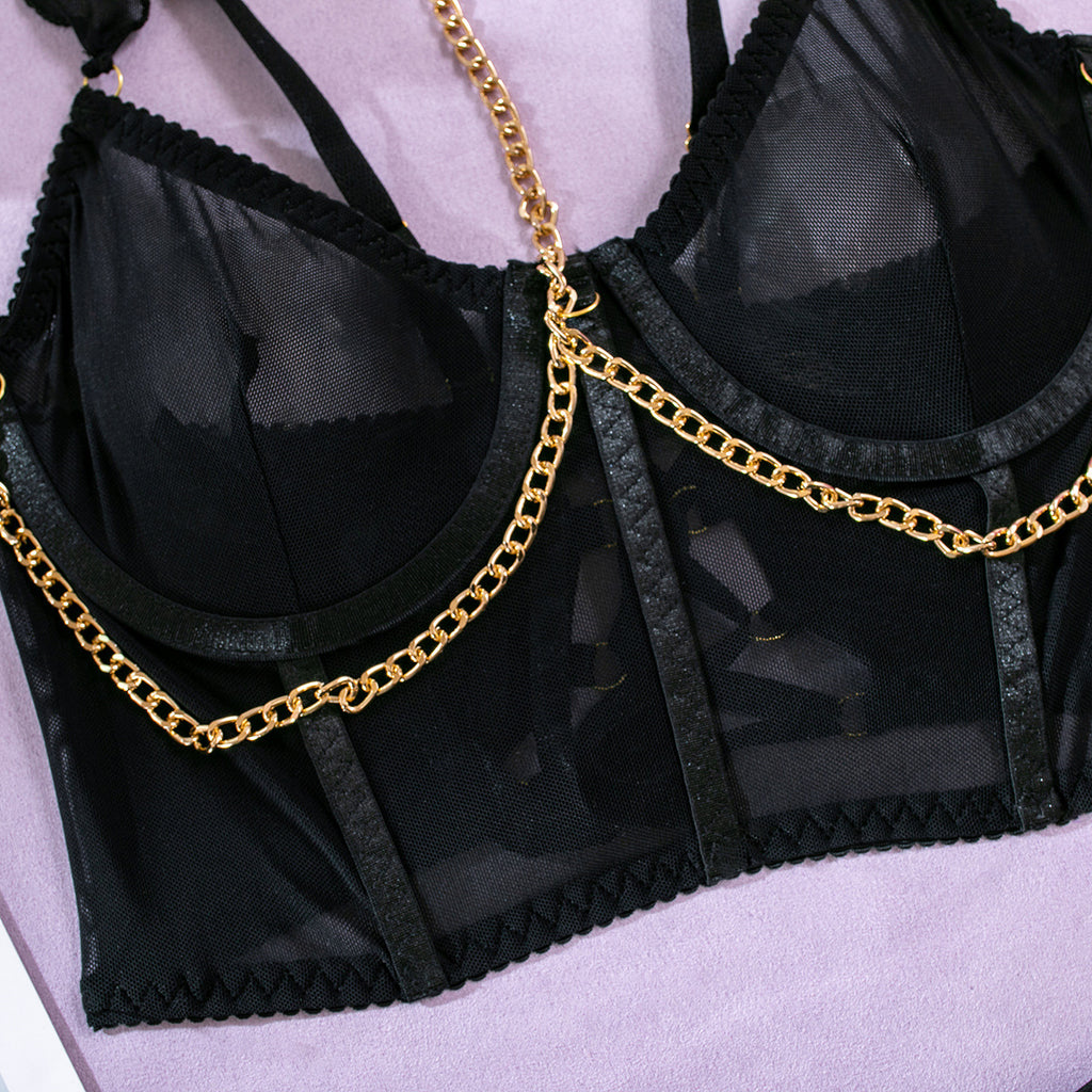 Sheer Mesh Skirt Chain Halter Glove
