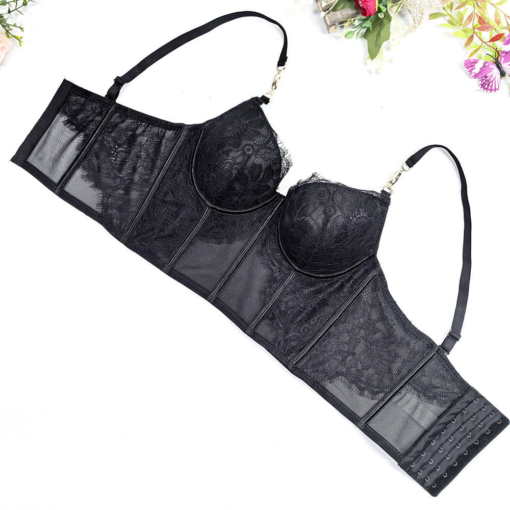 V-Neck Eyelash Lace Fishbone Corset Bra