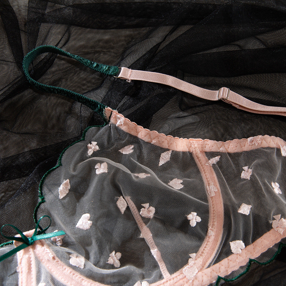 Printed Embroidery Sheer Lace Underwire Lift Bra Set