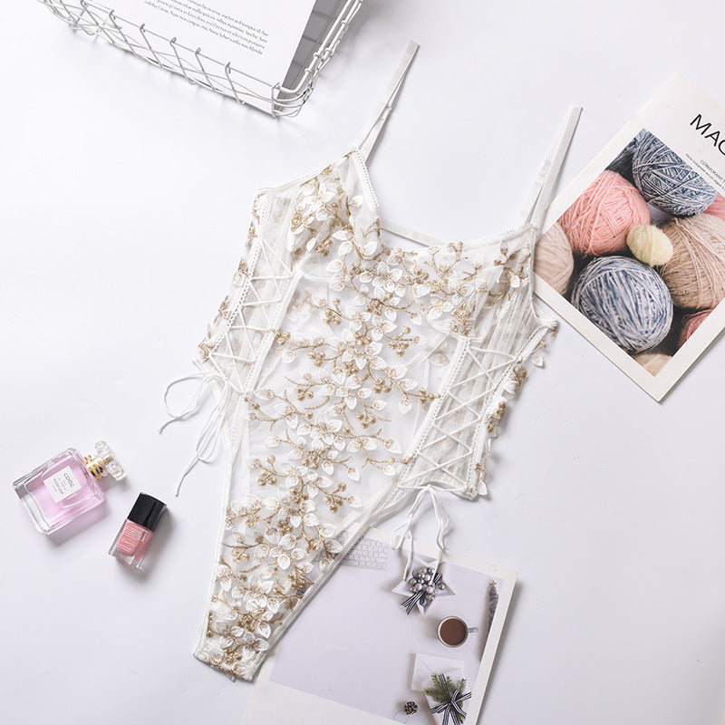 Lace Floral Embroidery Sheer Bodysuit
