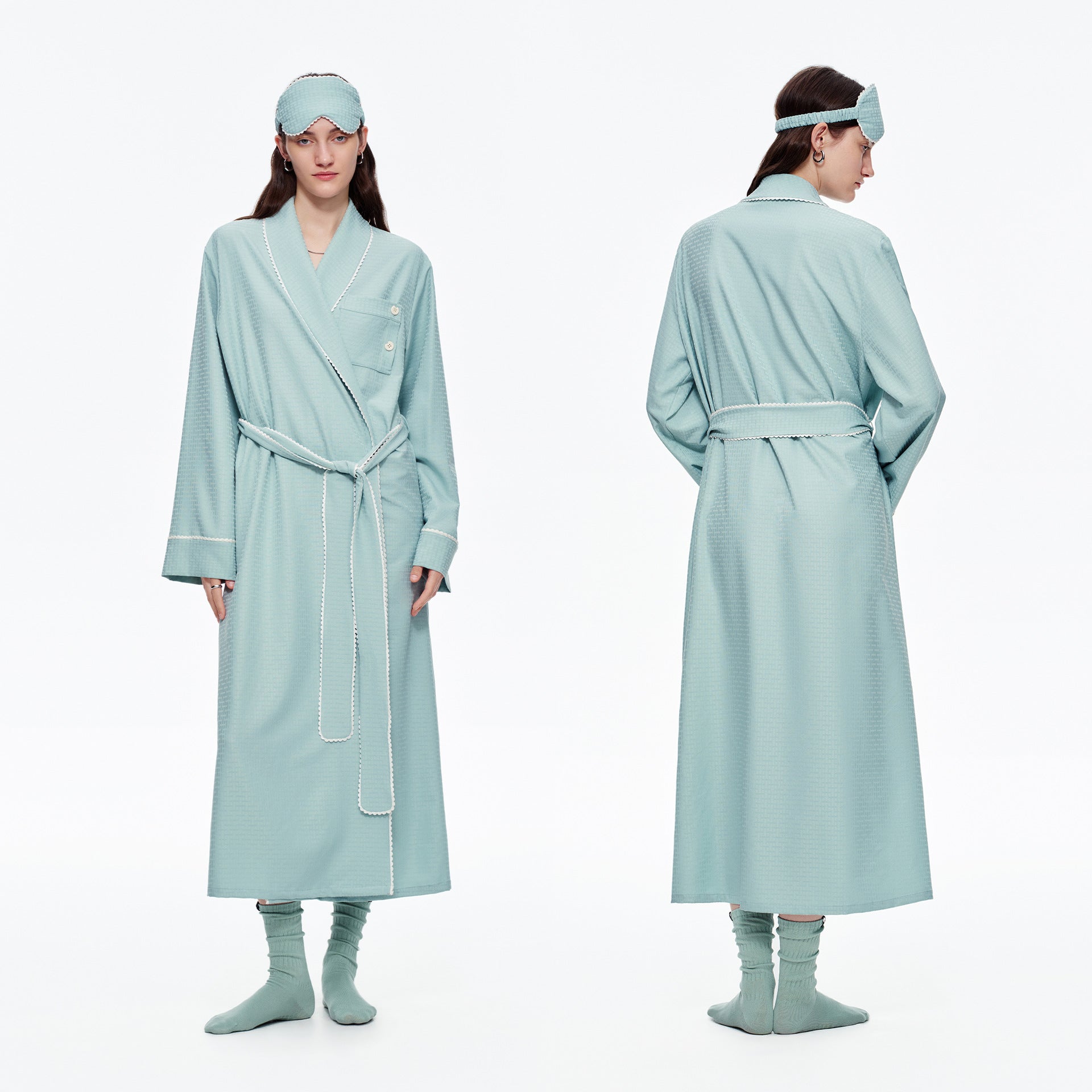 Stripe Waist-Tie Long Morning Robe | Soft Loungewear with Sleep Mask