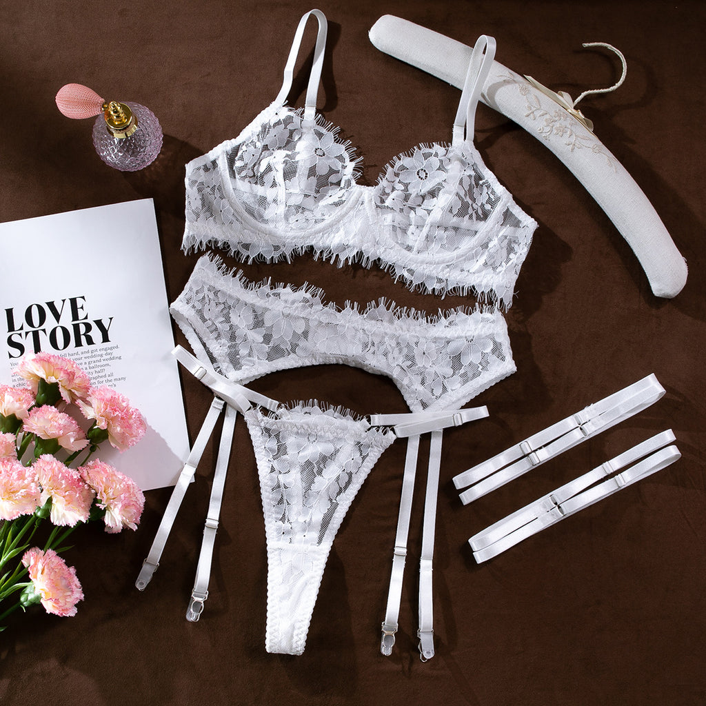 Embroidered Sheer Four-Piece Lingerie Set