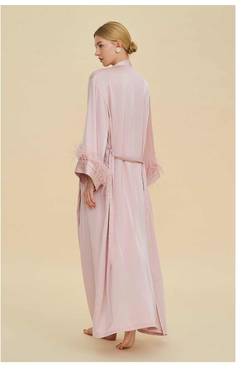 Ostrich Feather Cape Robe | Acetate Satin Luxury Loungewear