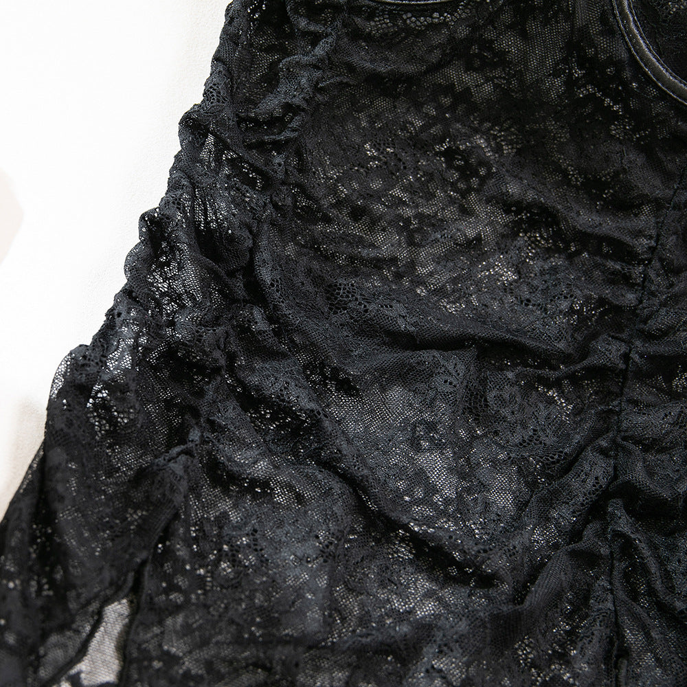 Black Lace Sheer Hollow-Out High-Slit Maxi Sleep Dress