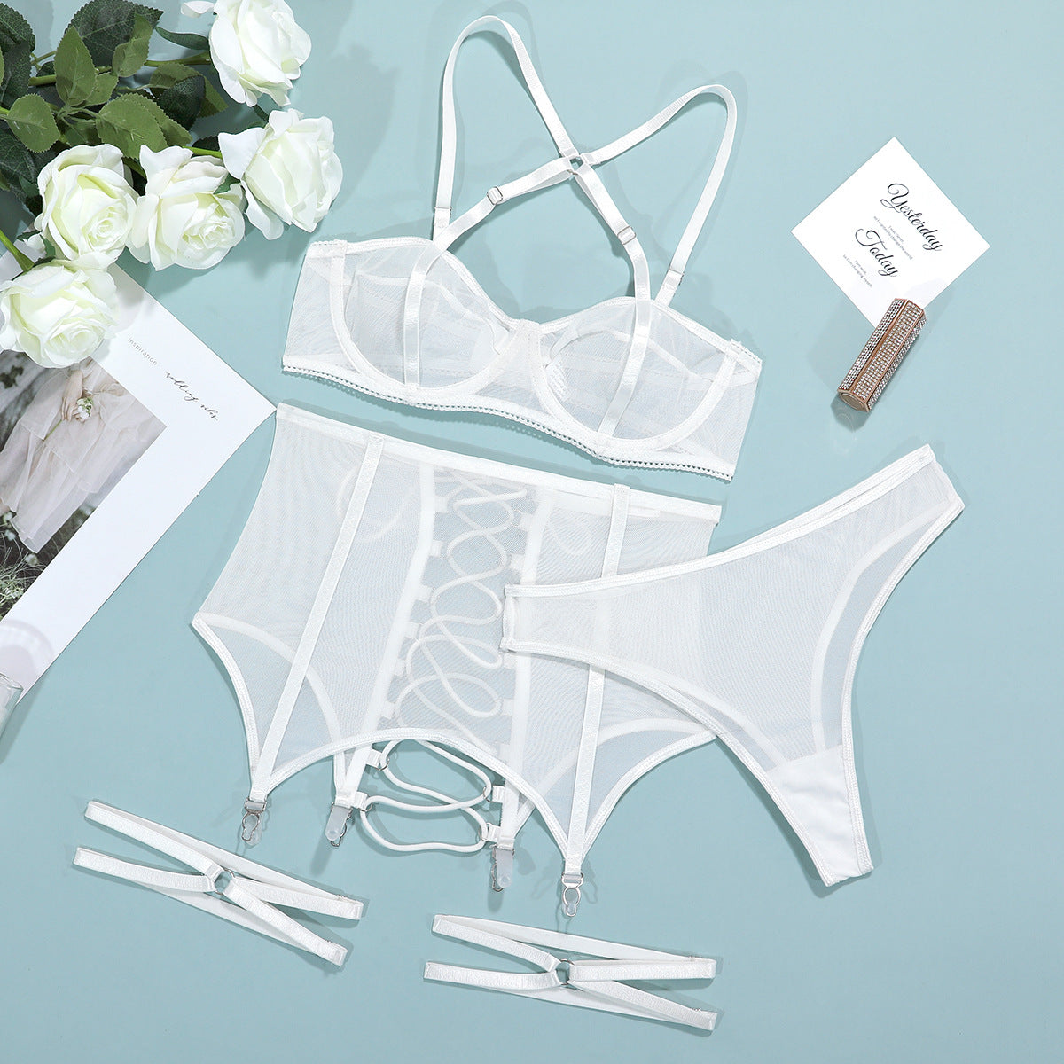 Sheer Mesh Cutout Cross-Strap Gathering