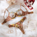Brown Floral Embroidery Underwire Lift Sheer Mesh Spice Girl Bra Set