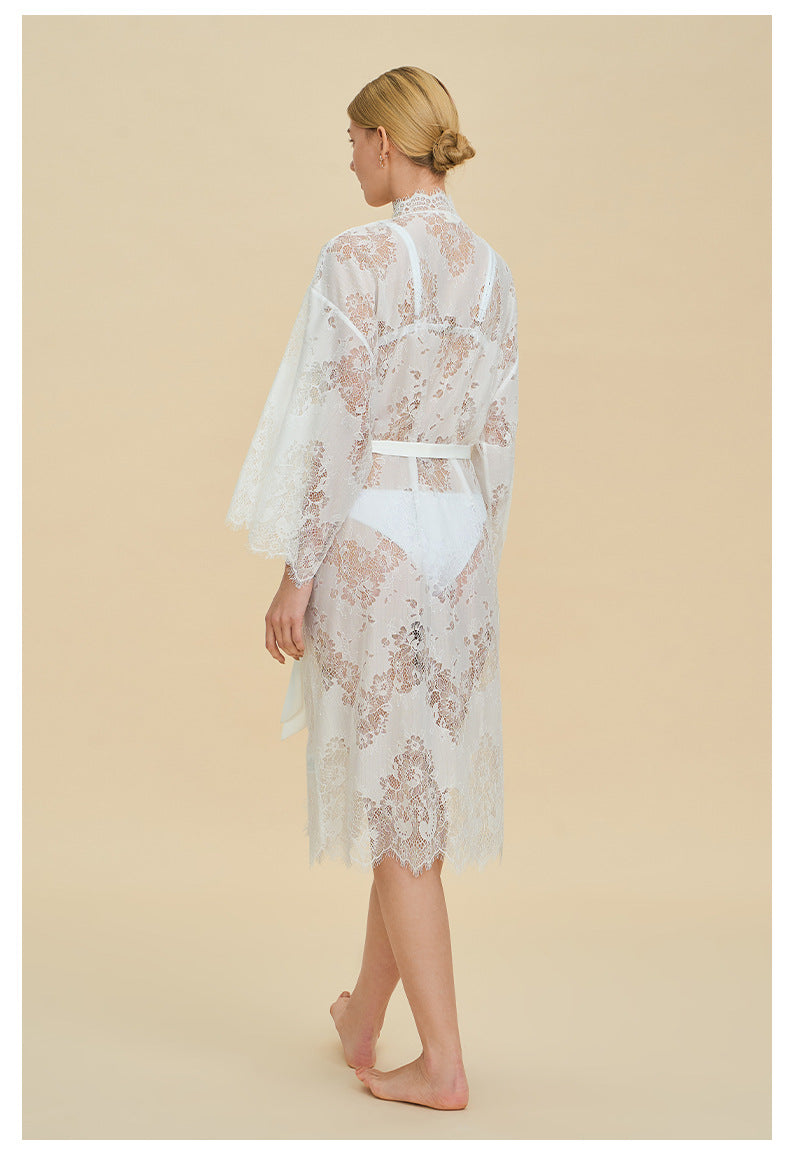 Lace Trim Nylon Long Robe – French Luxury Loose Fit Loungewear