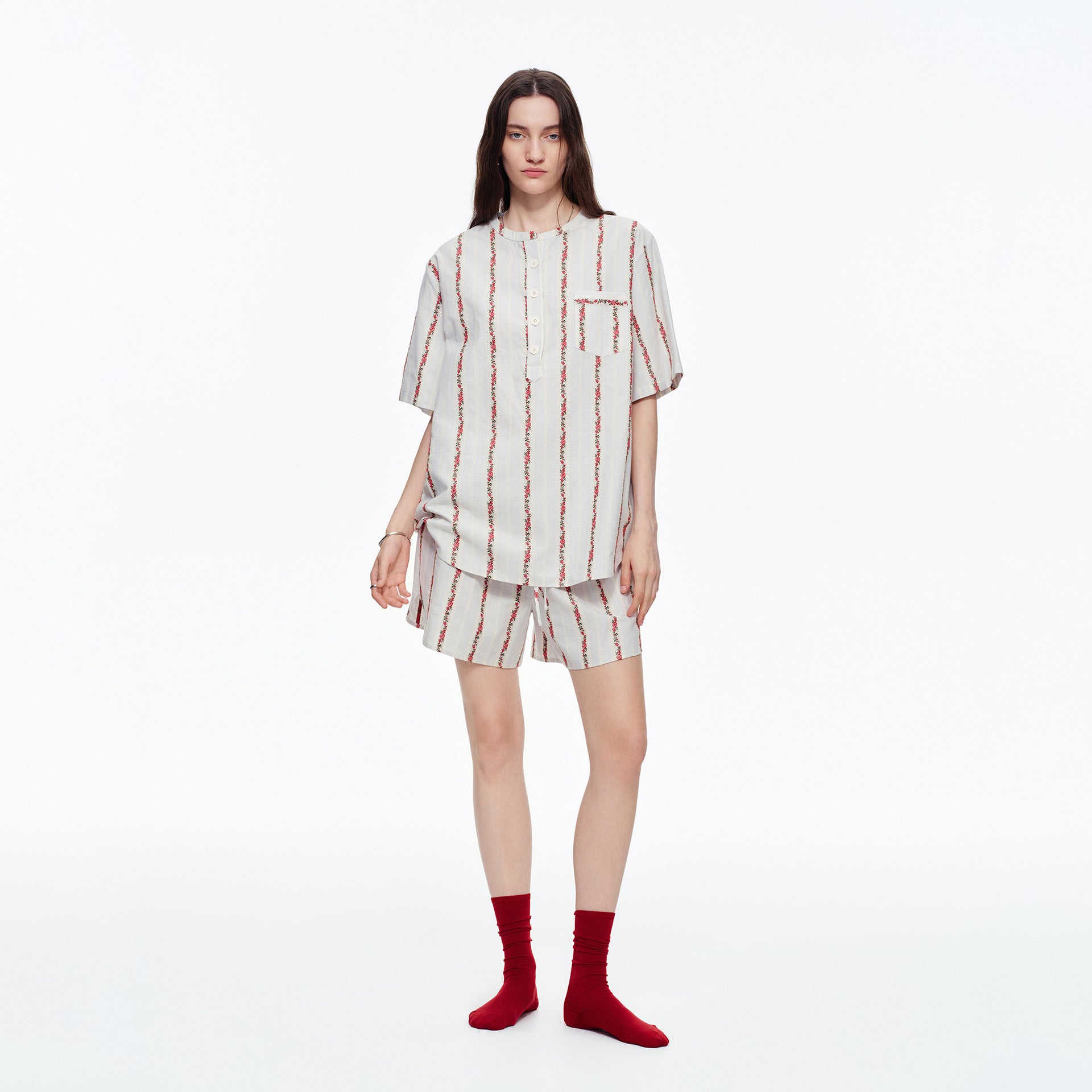 Pure Cotton Rose Stripe Short Sleeve Pajama Set | Sweet Summer Loungewear