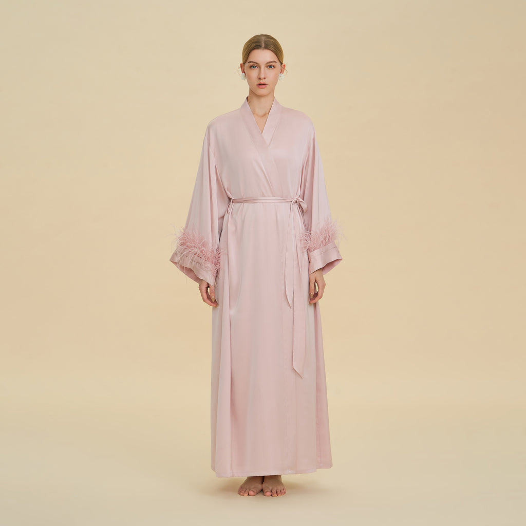 Ostrich Feather Cape Robe | Acetate Satin Luxury Loungewear