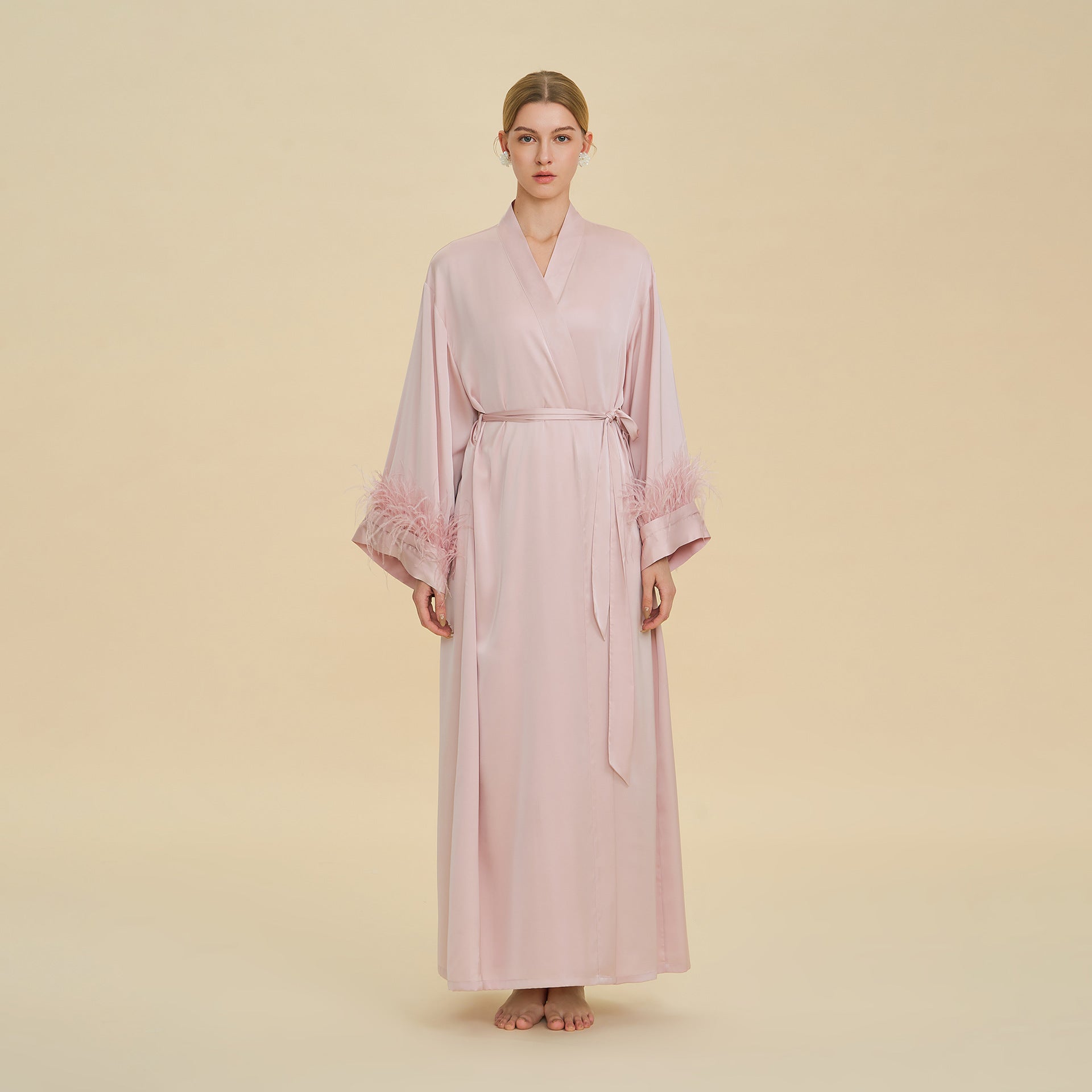 Ostrich Feather Cape Robe | Acetate Satin Luxury Loungewear