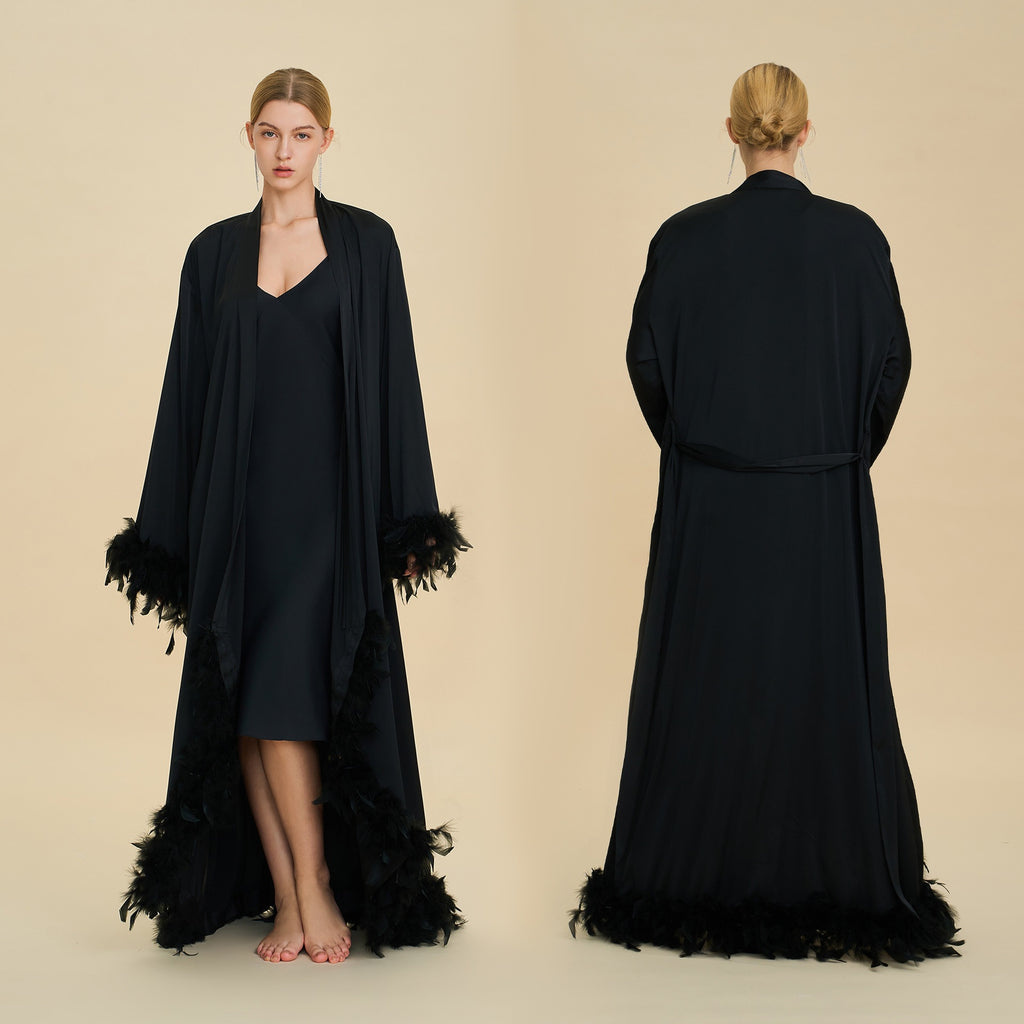 Feather Trim Trailing Long Morning Robe | Luxury Nightgown Robe