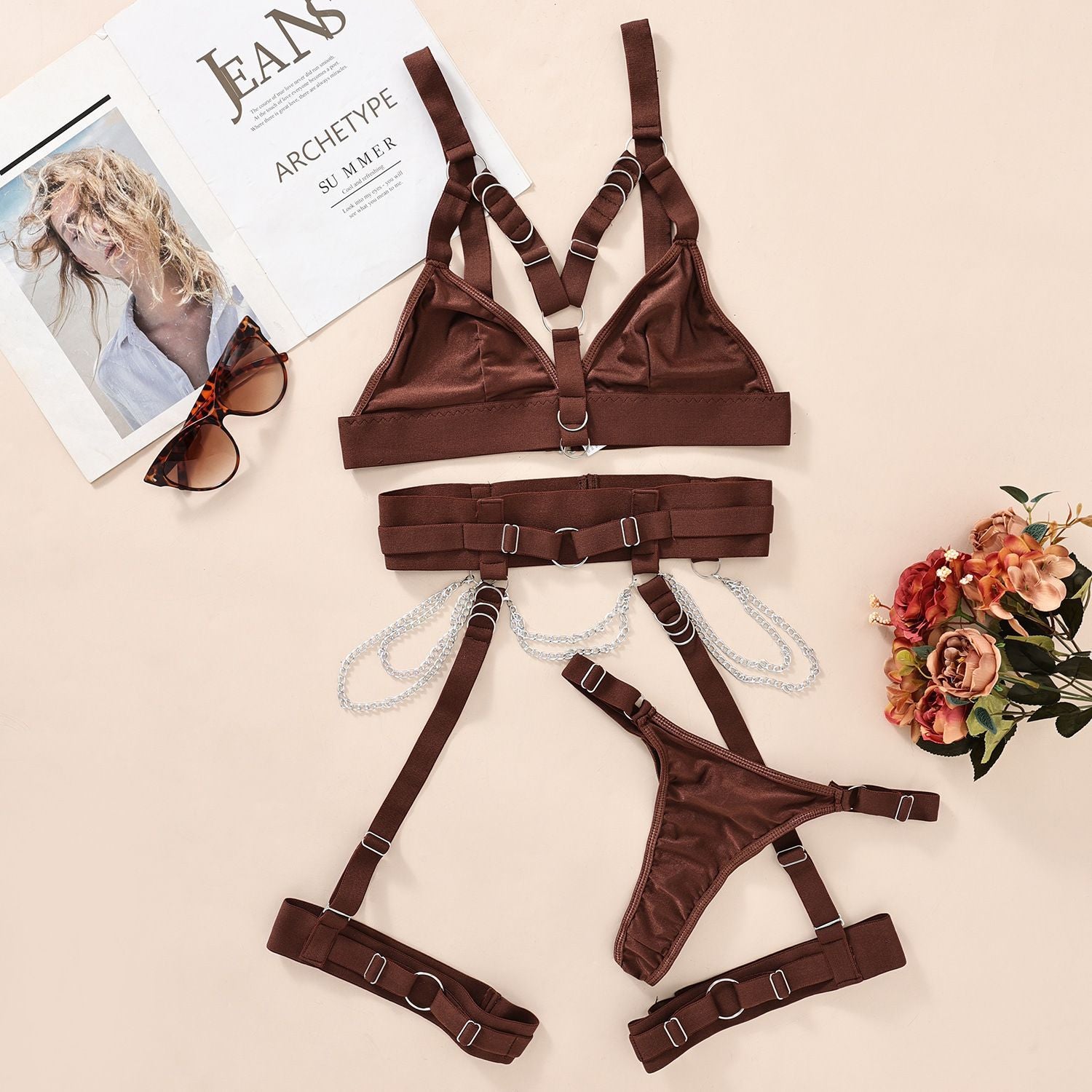 Metal Chain Hollow Bra & Leg Sock Set – Bundled, 4-Piece
