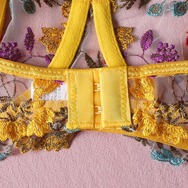 Sexy perspective yellow pastoral floral bra, garter belt thong with leg ring three-piece erotic underwear set