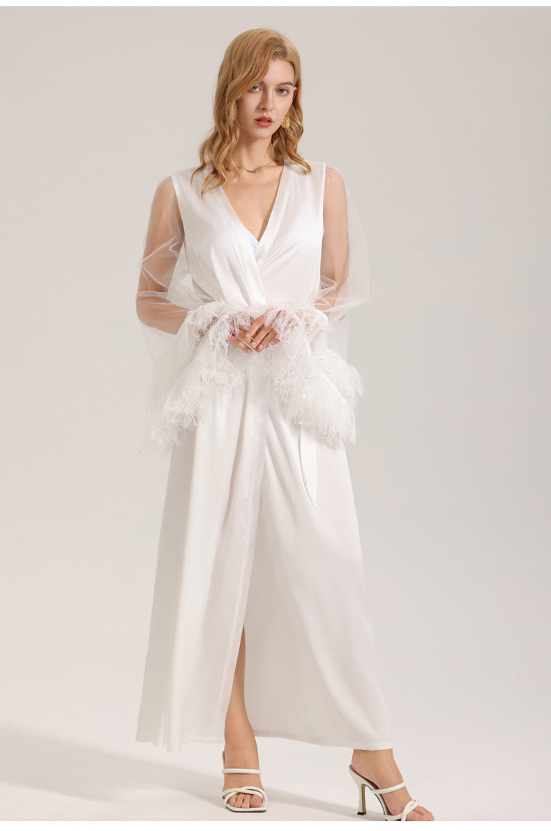 White Satin Mesh Long Robe | Sheer Kimono Nightgown