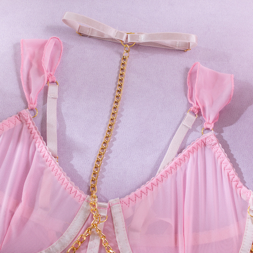 Sheer Mesh Skirt Chain Halter Glove