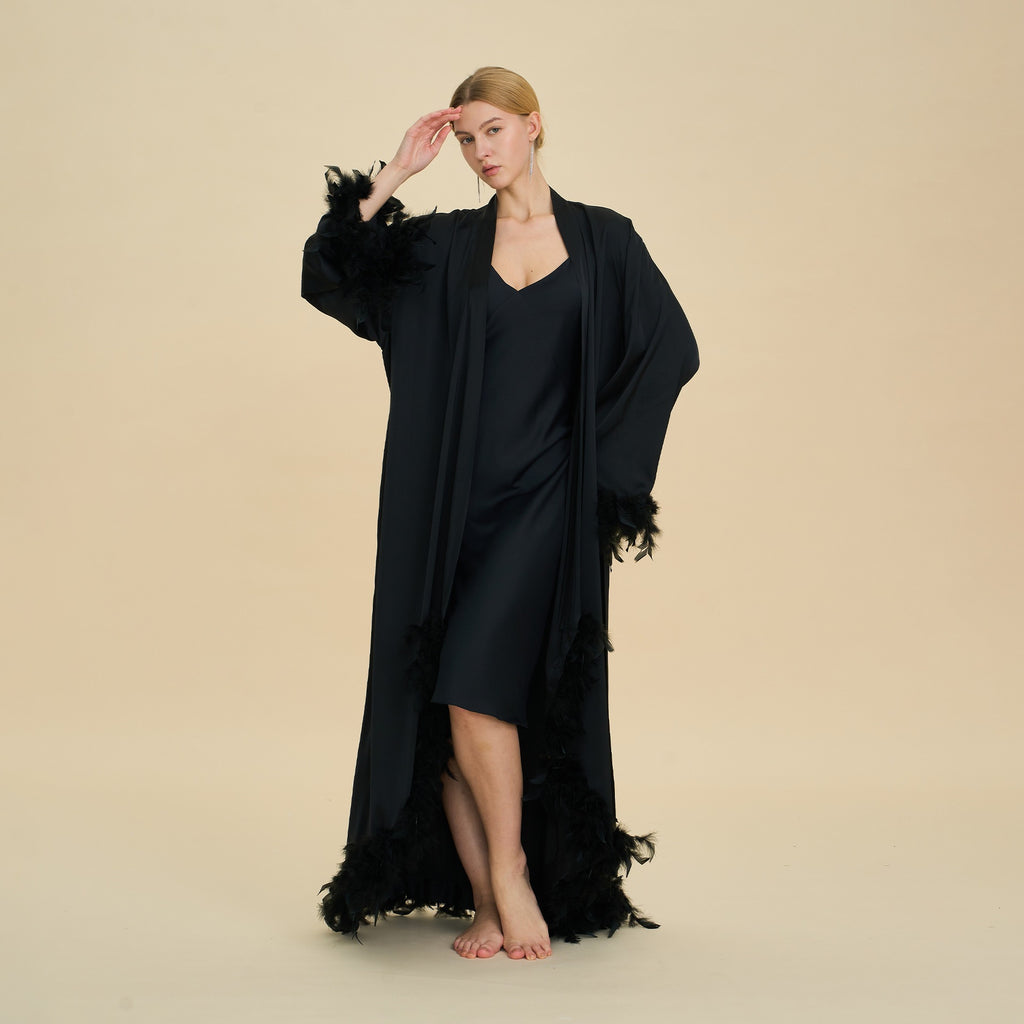 Feather Trim Trailing Long Morning Robe | Luxury Nightgown Robe