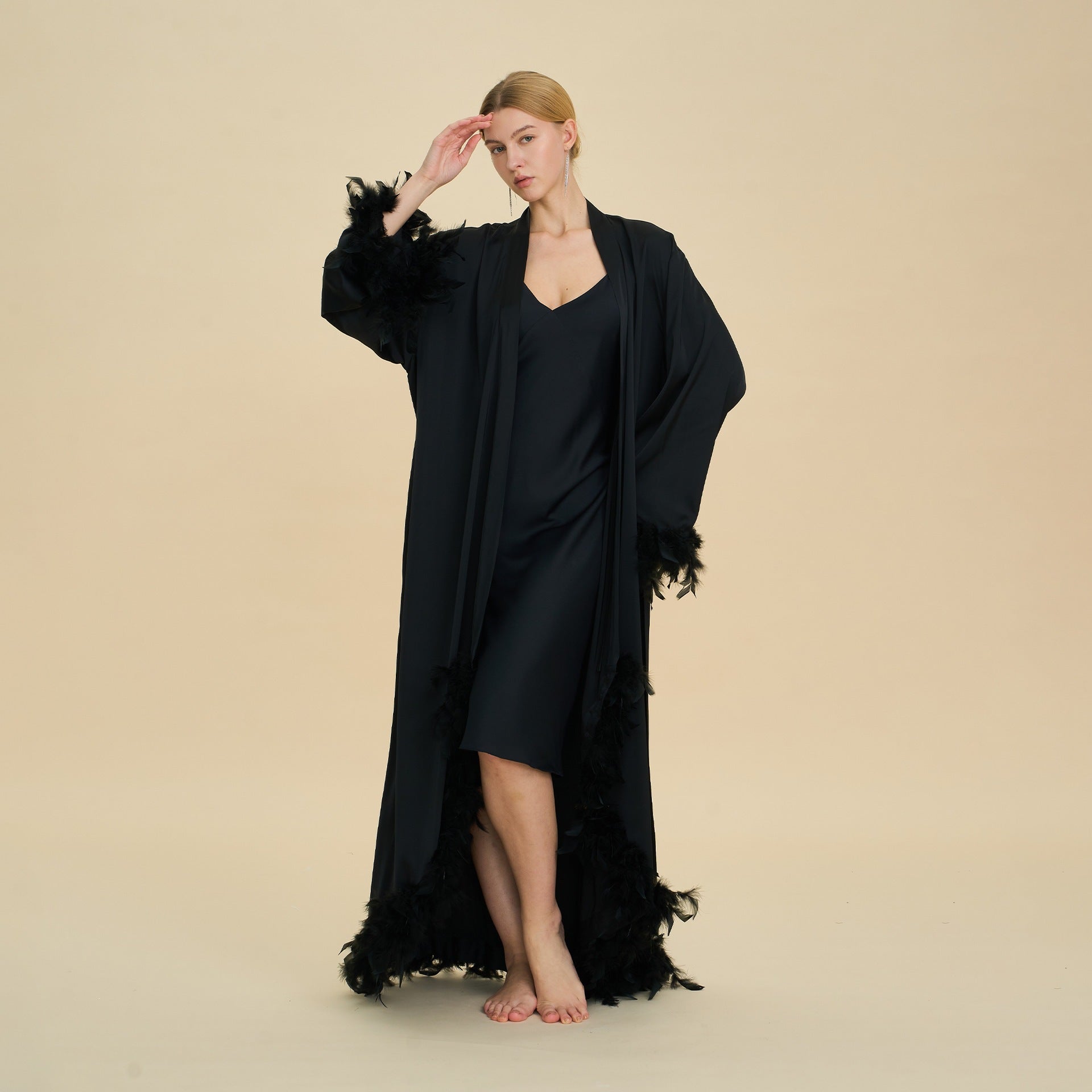 Feather Trim Trailing Long Morning Robe | Luxury Nightgown Robe