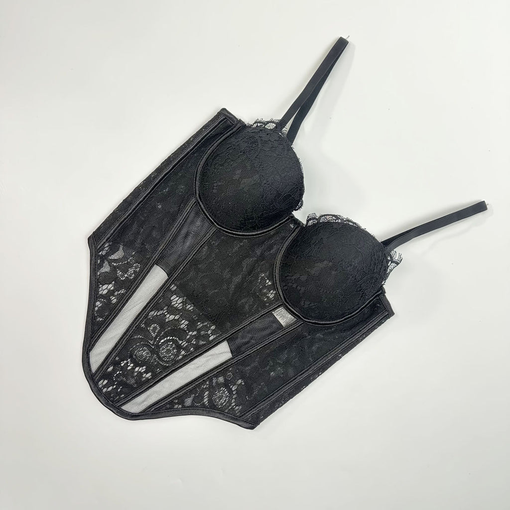 Lace & Mesh Splice Fishbone Corset Bra