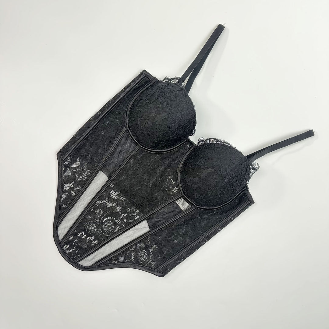 Lace & Mesh Splice Fishbone Corset Bra