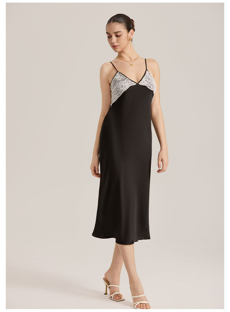 Lace Splice Satin Chiffon Backless Spaghetti Strap Nightdress — Sexy Loungewear