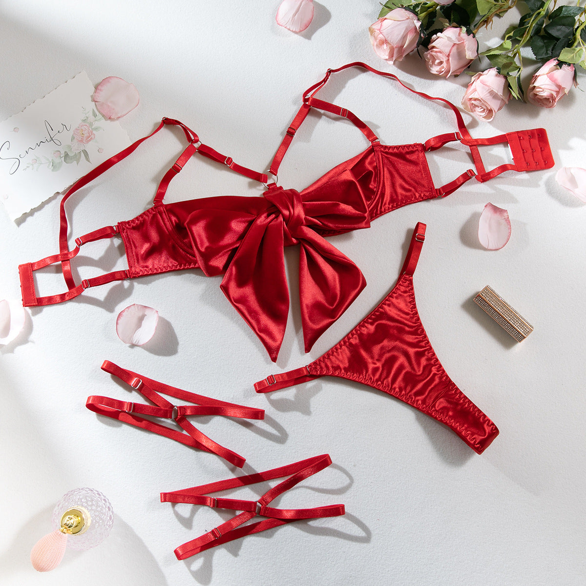 AliExpress hot-selling lingerie steel ring hollow sexy breast satin satin belt leg ring three pieces