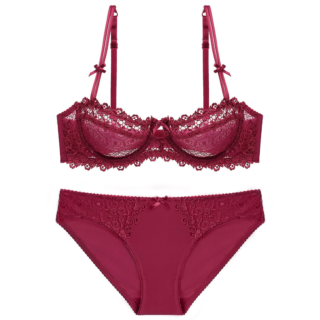 Half-Cup Embroidered Lace Push-Up Bra Set – Ultra-Thin, Enhancing | 4 Colors