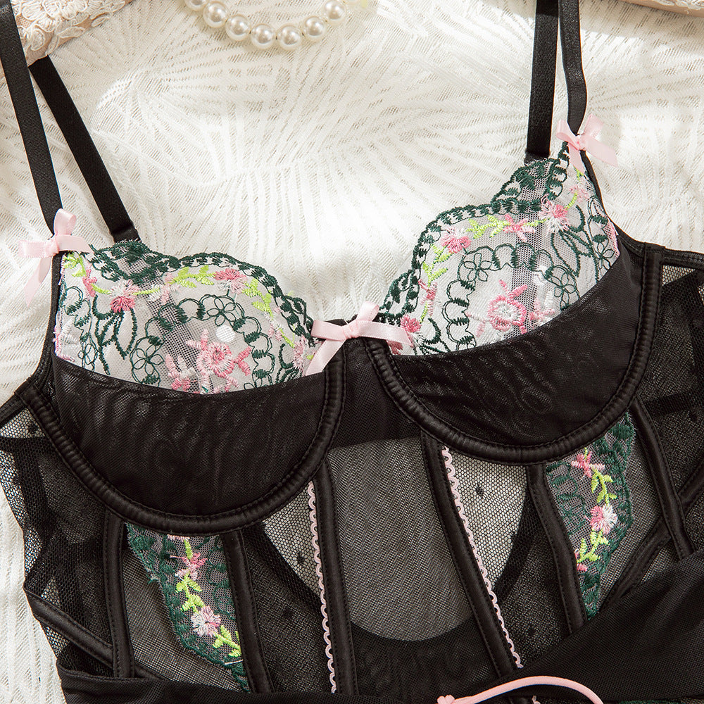 Lace Embroidery Sheer Mesh Bow Waist-Cinching Bodysuit