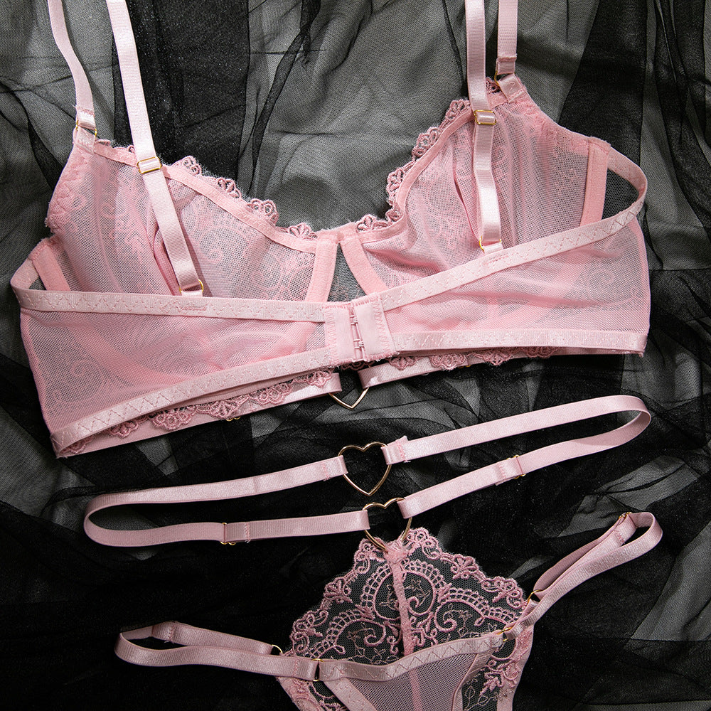 Pink Embroidered Heart Halter Lingerie Set