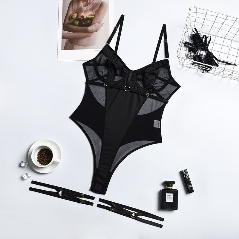 Mesh Patchwork Backless Bodysuit | Sexy Leg Ring Jumpsuit